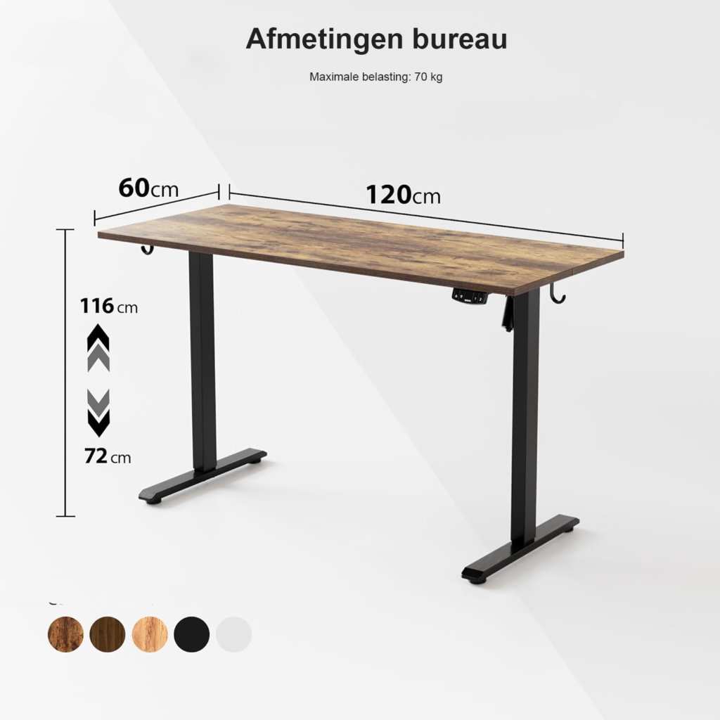 Elektrisch verstelbaar zit-sta bureau 120x60 cm bruin met geheugenfunctie en anti-collisiesysteem