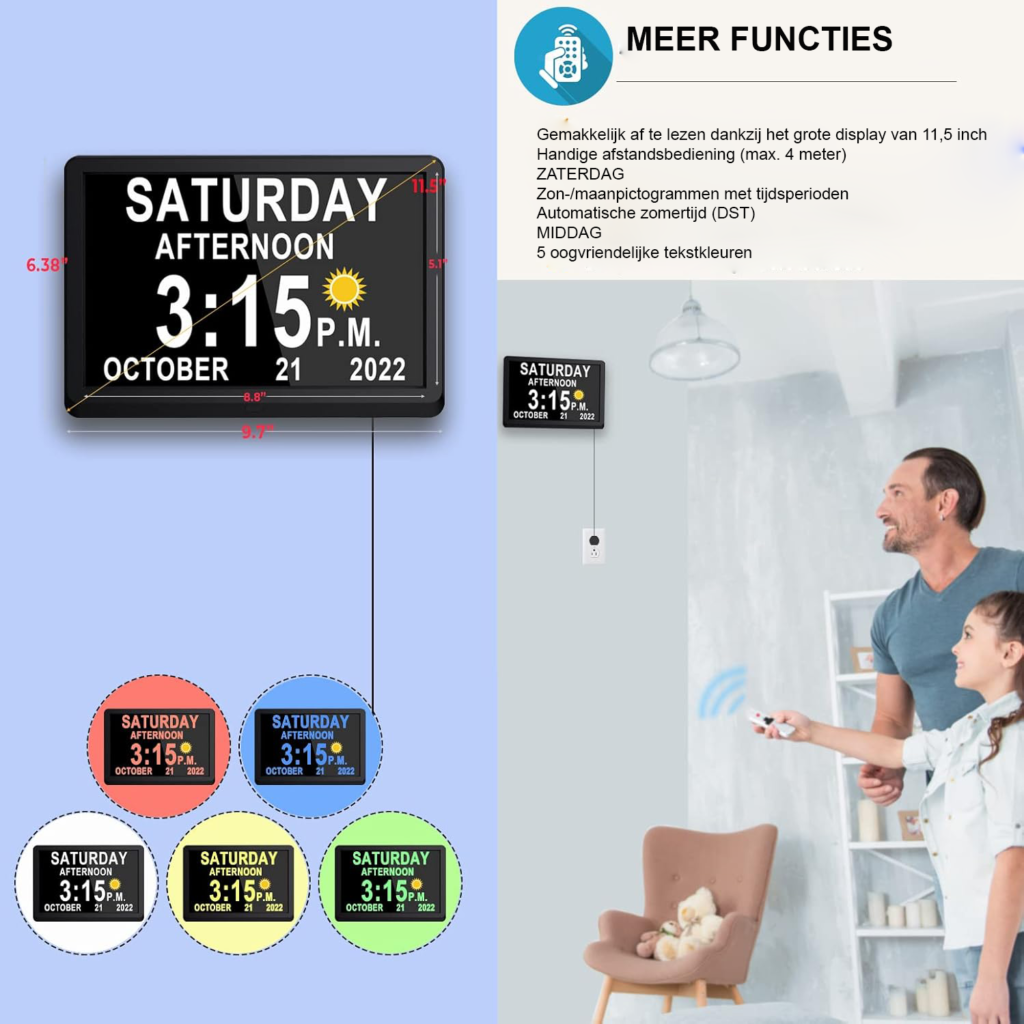 Digitale kalenderklok van 10 inch voor senioren met dag-, datum- en tijdweergave, zon- en maaniconen en instelbare herinneringen