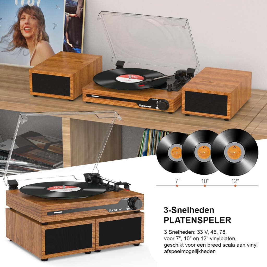 Gele vintage platenspeler met 2 stereo speakers, Bluetooth 5.3, USB en 3 afspeelsnelheden