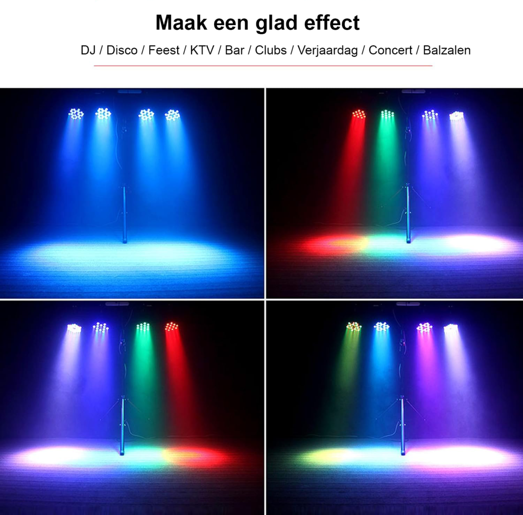 Set van 4 RGB LED disco spotlights met 36 leds, DMX512, afstandsbediening en geluidsbesturing voor feestverlichting