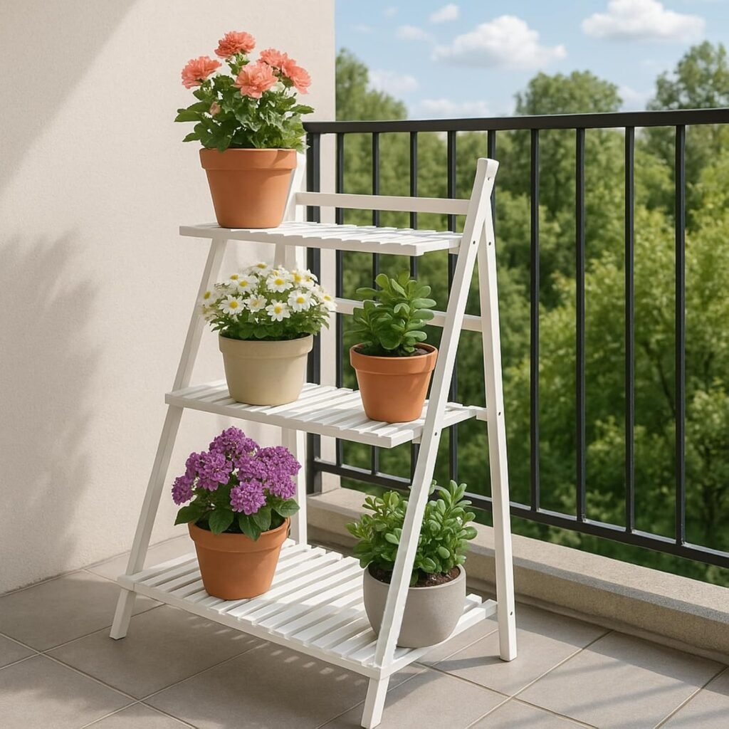 Vouwbaar plantenrek met 3 niveaus van bamboe, wit, 70 x 40 x 96 cm