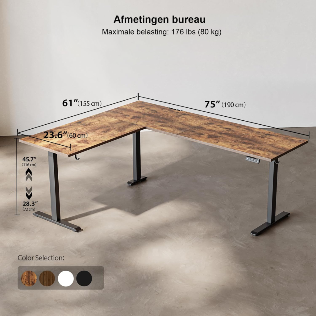 L-vormig elektrisch verstelbaar zit-sta bureau 190x155 cm in bruin, ergonomisch hoekbureau voor staand en zittend werken