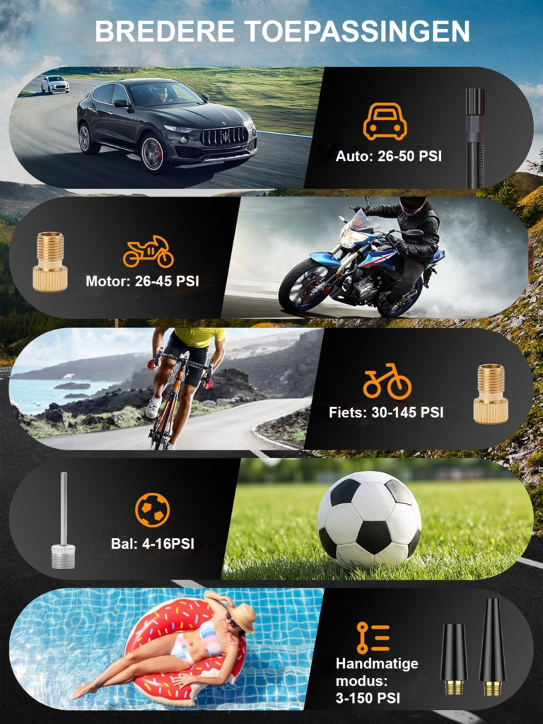 Elektrische luchtpomp 150 PSI met 8000 mAh accu, digitale LED-display en LED-lamp voor auto, motor, fiets en ballen
