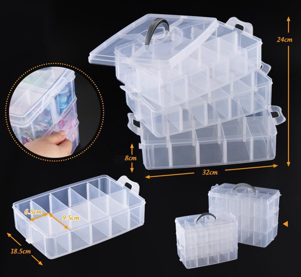 Transparante opbergbox met 3 lagen en 30 vakken voor knutselmateriaal, sieraden en naaibenodigdheden