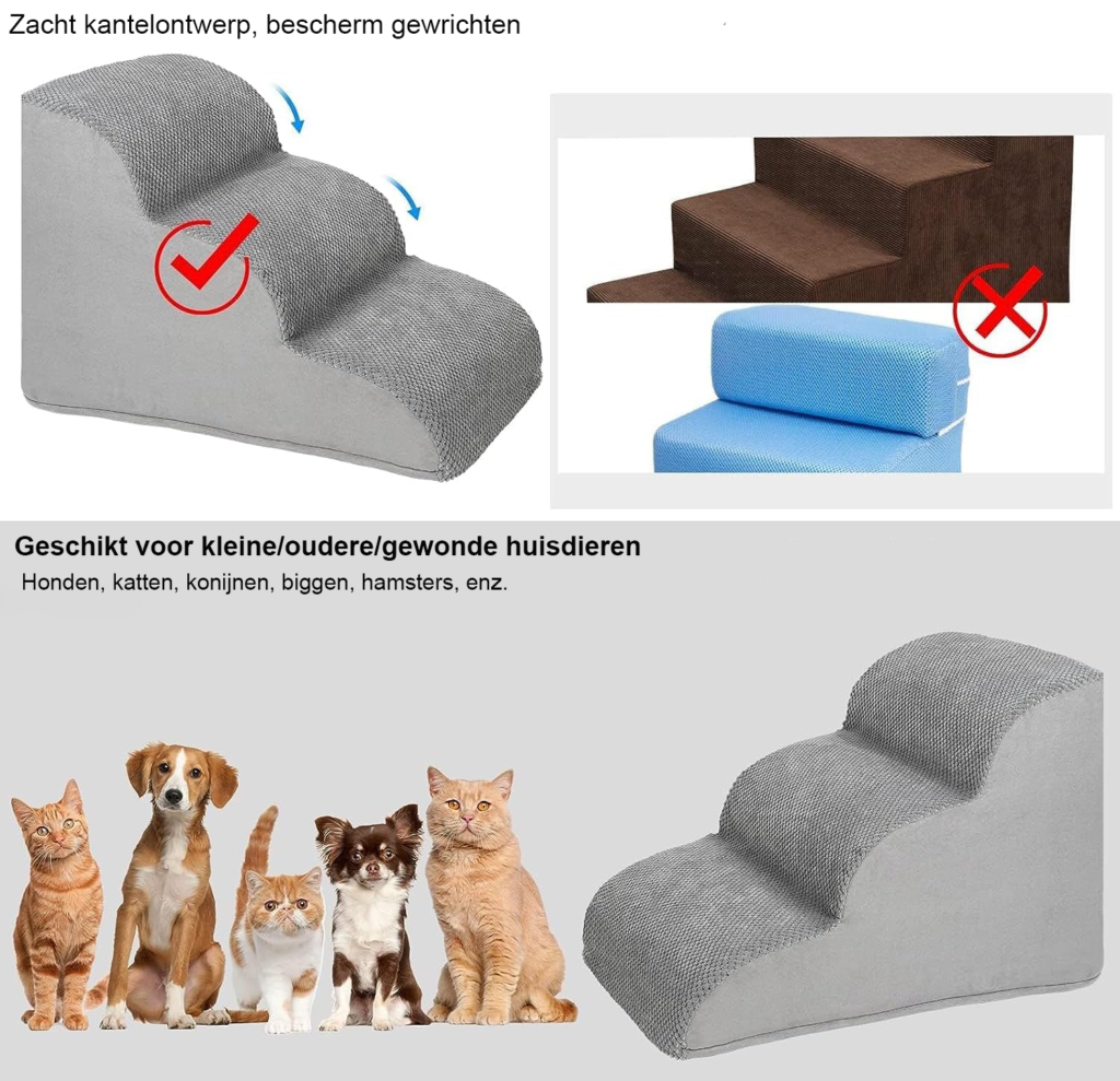 Hondentrap met 3 treden voor bed en bank, 40 cm hoog, met wasbare hoes en pluizenverwijderaar