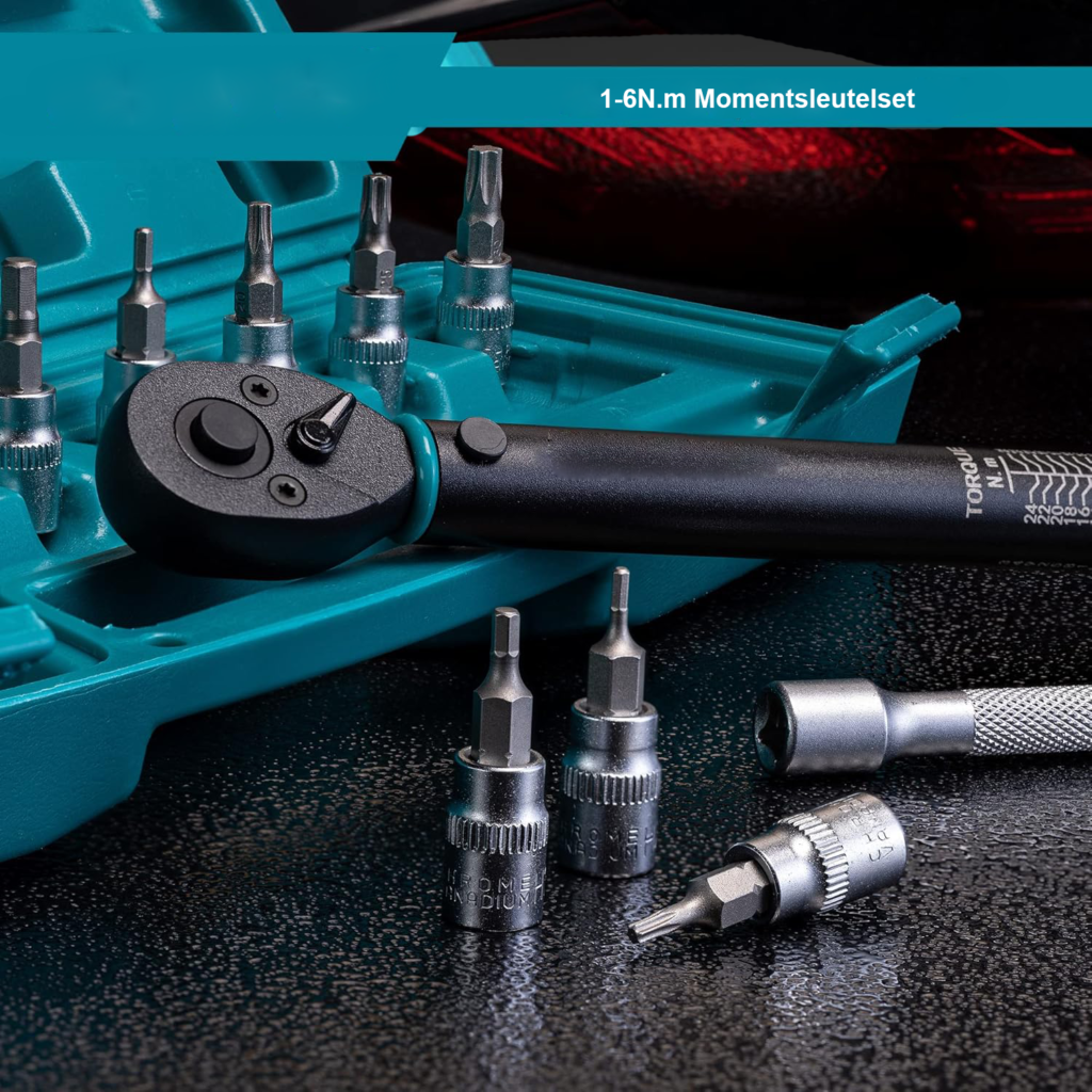 Momentsleutel 1/4 inch 5-25 Nm met zeskant- en Torx bits, dopsleutels en verlengstang voor fietsonderhoud