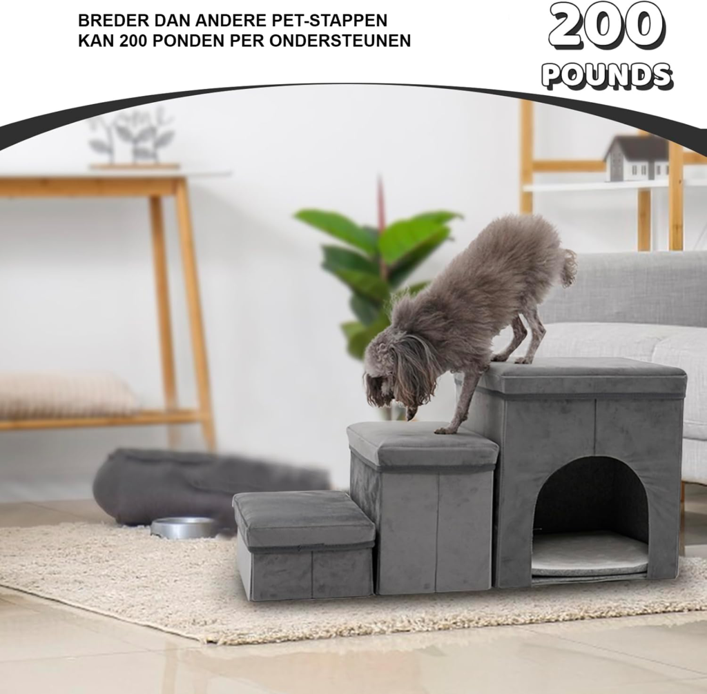 Hondentrap met 3 treden en opbergruimte, 60 cm hoog, grijs-blauwe zachte trap voor kleine honden en oudere katten