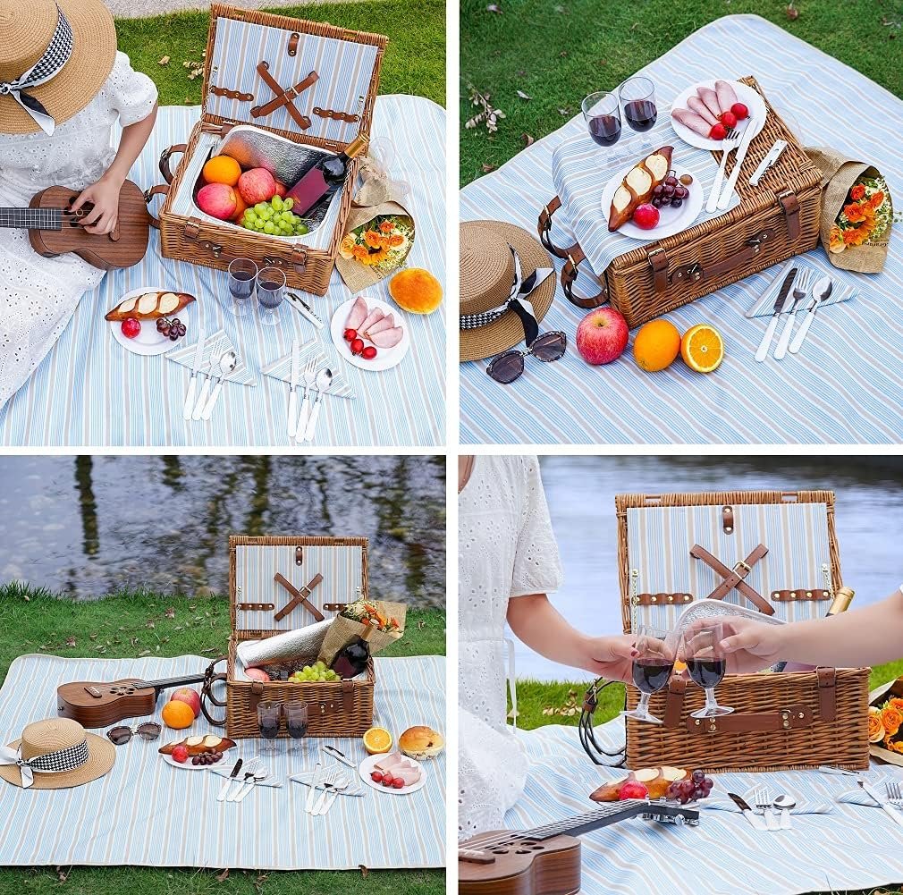 Picknickmand voor 2 personen van wilgenhout met geïsoleerd koelvak, waterdichte picknickdeken en picknickservies met bestek, borden, glazen en flesopener