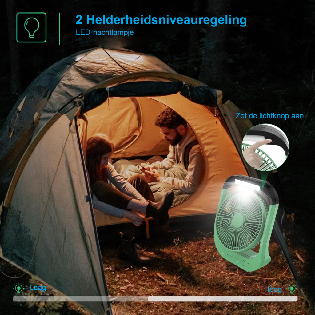 USB bureaustandaardventilator 10.000 mAh met LED-verlichting, 4 snelheden en timer