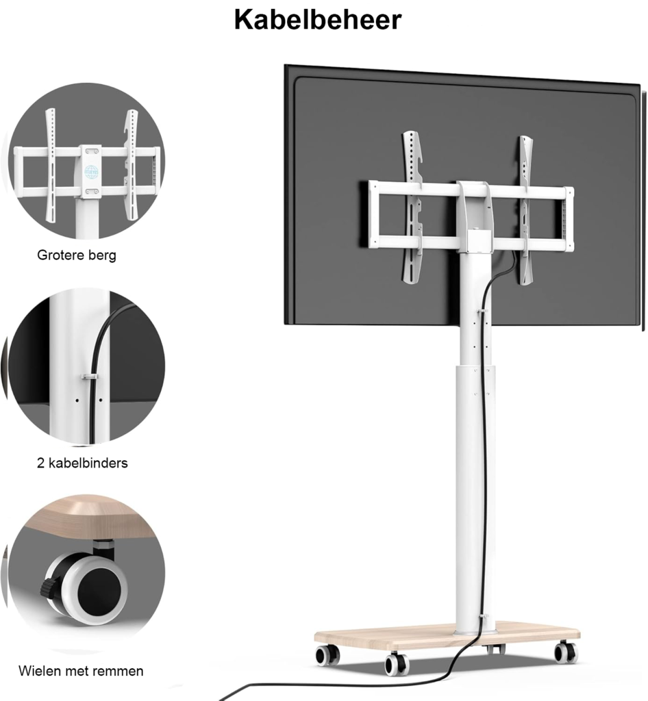 Verrijdbare witte tv standaard met houten basis voor 32-70 inch tv, draaibaar en in hoogte verstelbaar, met wielen en VESA 600x400 mm