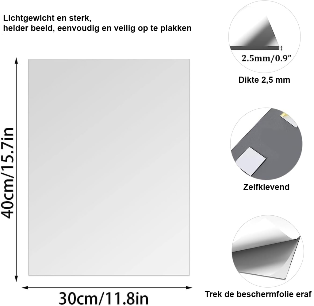 Zelfklevende rechthoekige spiegeltegels 60 x 40 cm met hoogglans afwerking voor wanddecoratie
