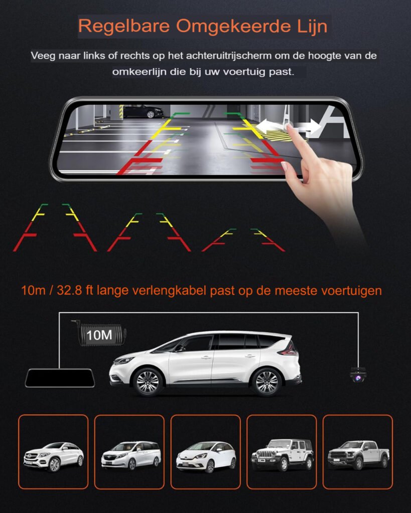 Spiegel dashcam met achteruitrijcamera, IPS-touchscreen, nachtzicht en loopopname voor de auto