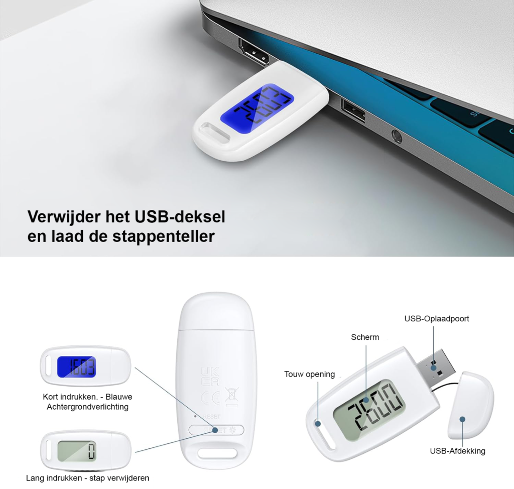 3D stappenteller met USB opladen en groot display voor wandelen, zonder app, met stappentelling en afstandsmeting