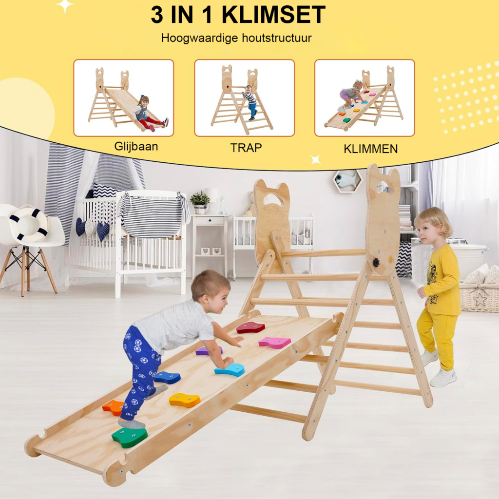 Houten klimdriehoek met glijbaan en glijhelling voor peuters en kinderen van 1 tot 6 jaar