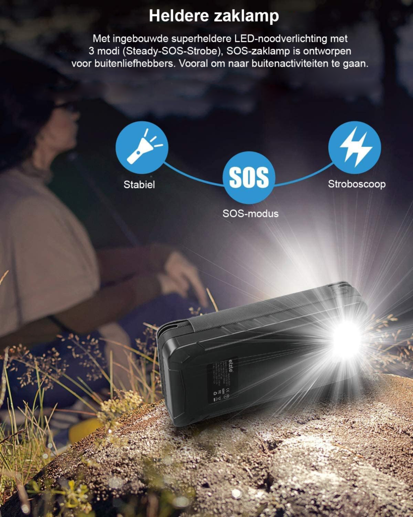 Solar powerbank 26800mAh met 4 opvouwbare zonnepanelen, USB-A en USB-C, waterdichte externe batterij met zaklamp