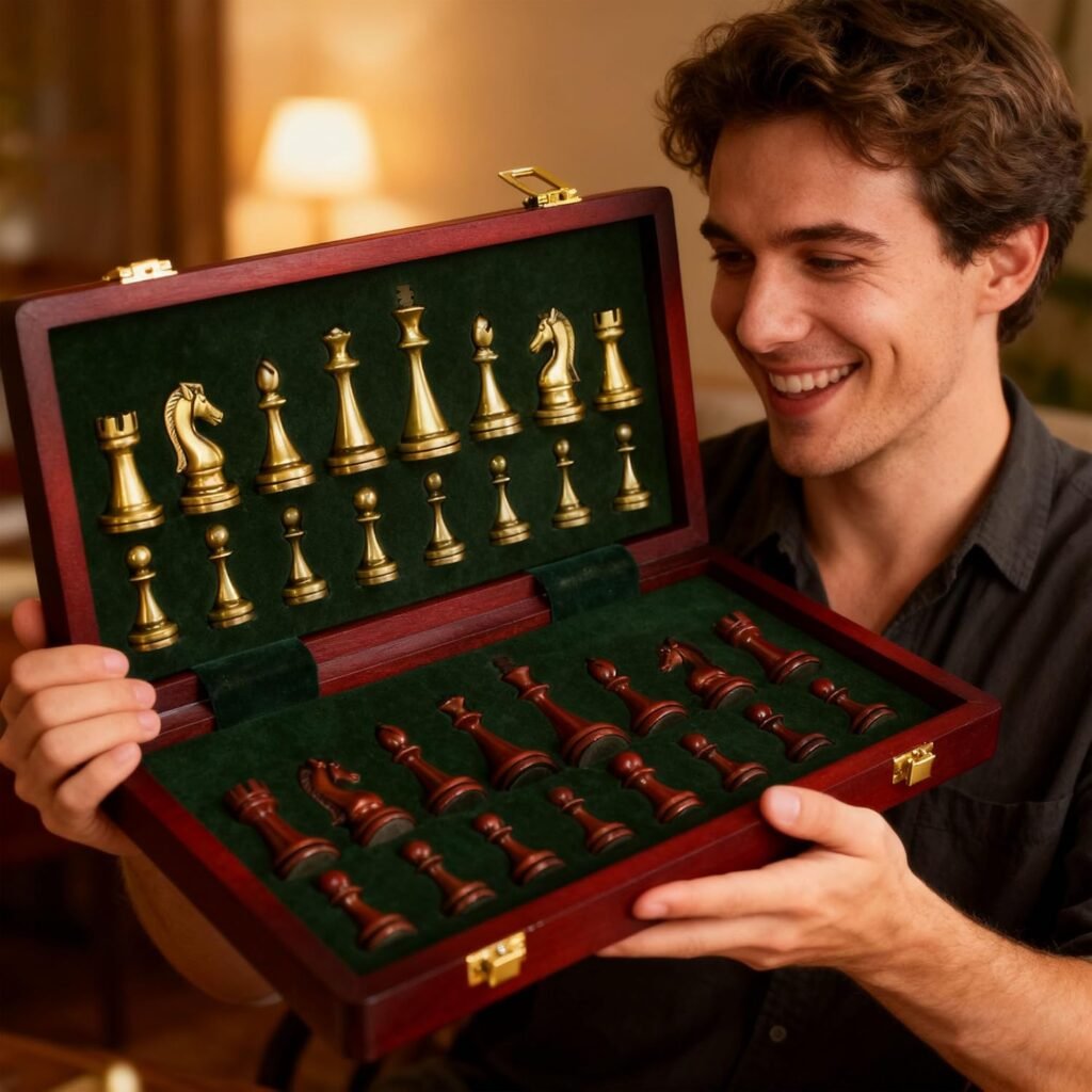 Houten schaakset met metalen schaakstukken, opvouwbaar schaakbord met opbergbak en middeleeuws ontwerp