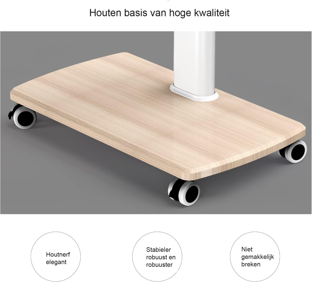 Mobiele TV Standaard op Wielen - Draaibare TV Trolley met Verstelbare Hoogte - Voor 32-70 Inch Televisies - Wit met Houten Voet en VESA 600x400 mm