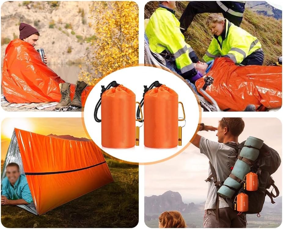 Set van 2 oranje noodslaapzakken, isolerende warmtedekens voor EHBO, overleving, kamperen en wandelen