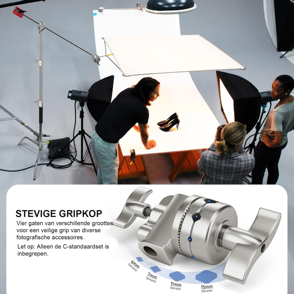 Professioneel C-stand lichtstatief van roestvrij staal, verstelbaar tot 172 cm met boomarm van 83 cm en 2 grip heads voor studioverlichting, softbox en reflector