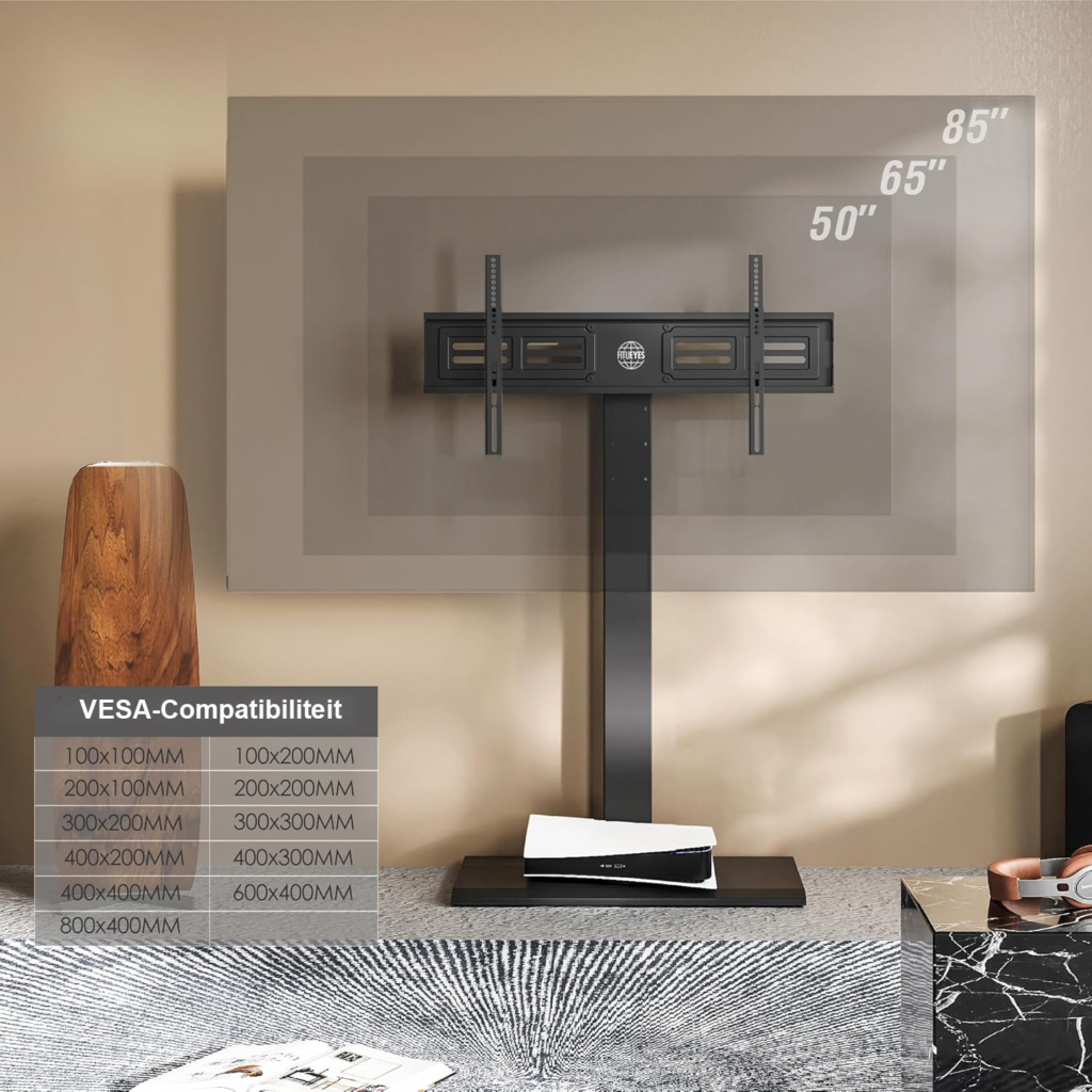 TV standaard met ijzeren basis voor 50-85 inch tv, draaibaar en in hoogte verstelbaar, zwart, VESA 800x400 mm