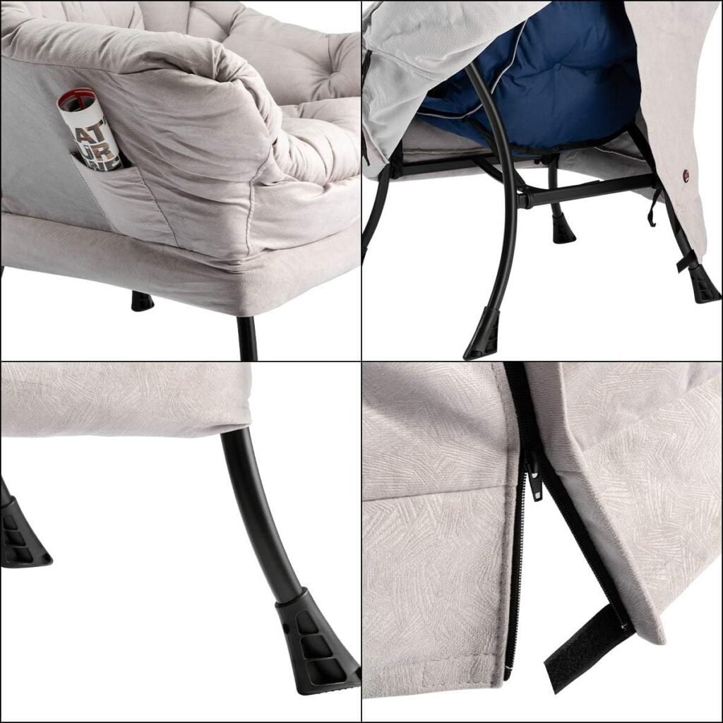 Grijze relaxfauteuil met armleuningen en stalen frame, comfortabele lounge- en leesstoel voor woonkamer of slaapkamer, 95 x 80 x 64 cm