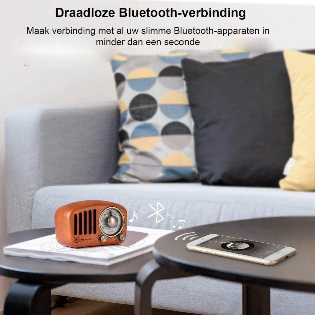 Draagbare retro houten FM-radio in kersenhoutlook met Bluetooth, MP3-speler, SD-kaart en AUX-aansluiting