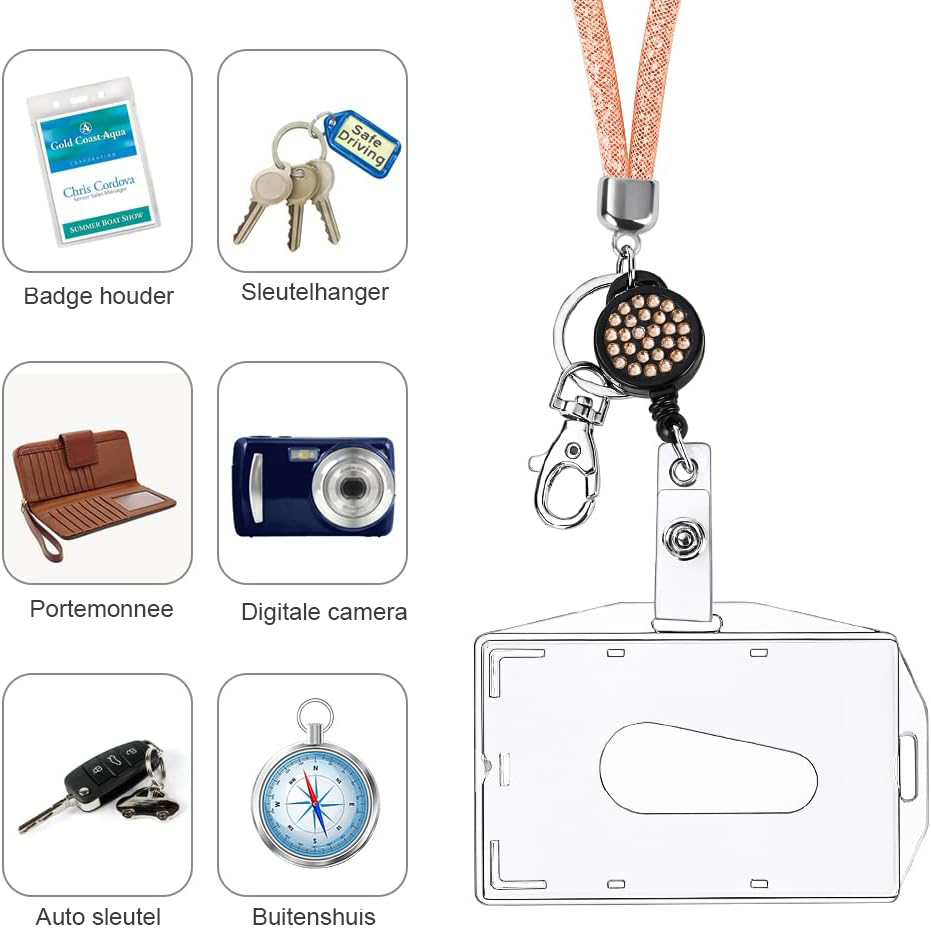Transparante ID kaarthouder met kristallen lanyard en sleutelhanger in roségoud, 10,5 x 8,7 cm