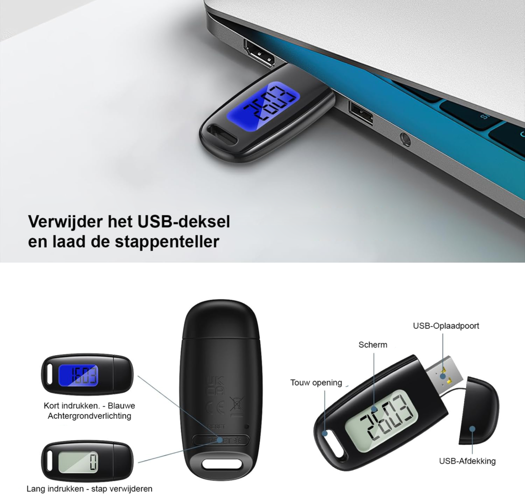 3D stappenteller met USB-oplaadfunctie en groot display voor wandelen zonder app