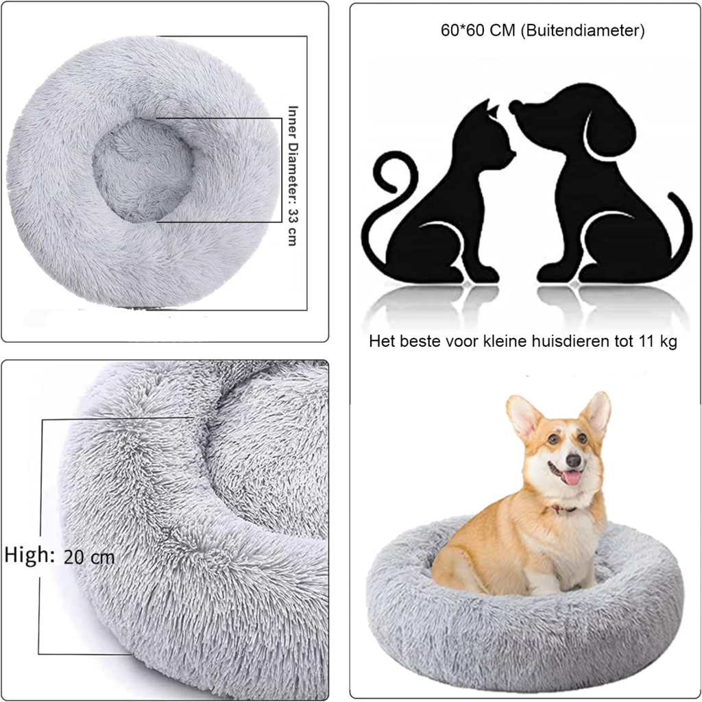 Donkergrijze pluizige kattenmand van 60 cm met zacht ligkussen en antislipbodem voor middelgrote en grote huisdieren