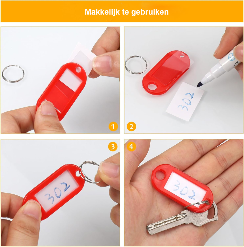 Sleutelhangers met beschrijfbare labels en USB-sticks set van 100 voor sleutelorganisatie en dataopslag