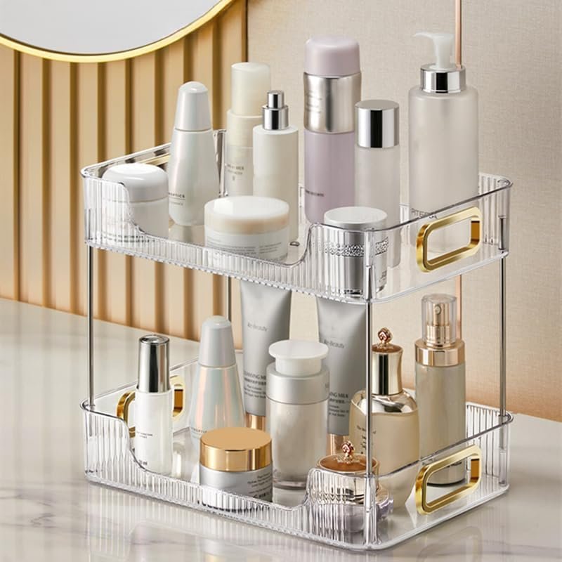 Transparante badkamer organizer met 2 lagen voor make-up, cosmetica en huidverzorging op de wastafel