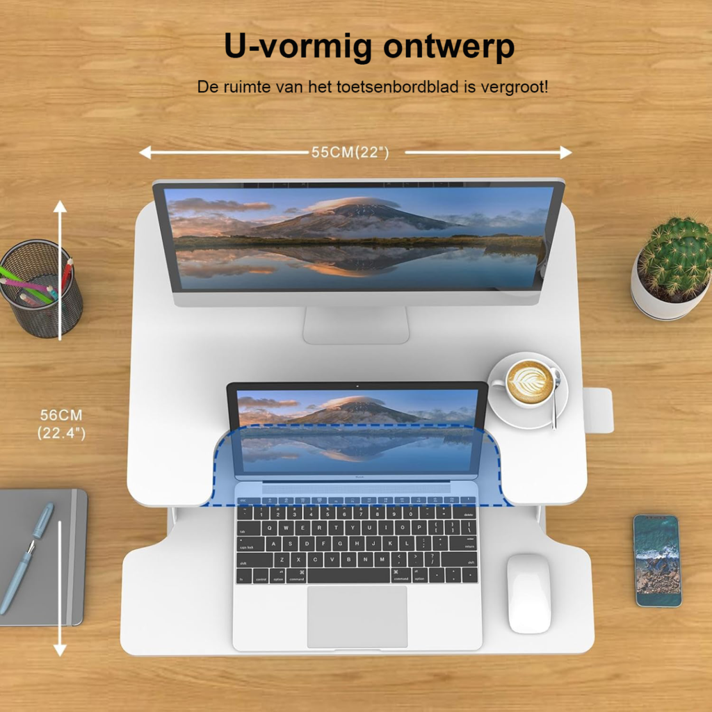 In hoogte verstelbaar staand bureau 55 x 40 cm met toetsenbordplank, ergonomisch computerwerkstation
