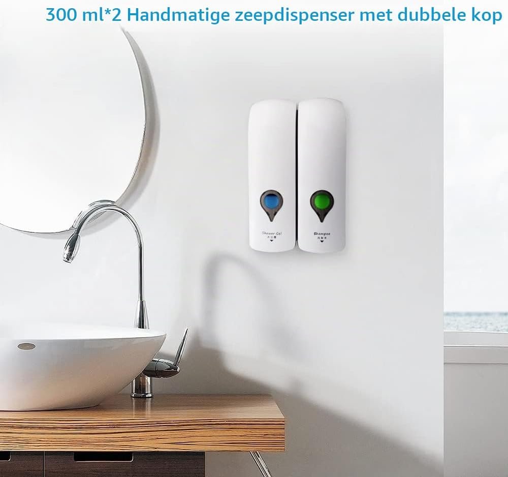 Witte wandmontage zeepdispenser met 2 reservoirs van 300 ml voor shampoo, zeep en douchegel, zonder boren