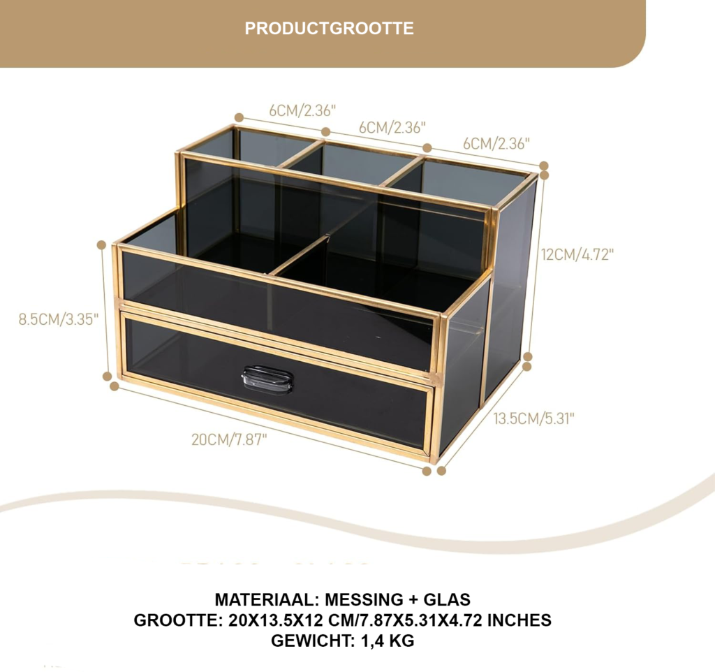 Zwarte cosmetische organizer met lades, glazen make-up opberger en kwastenhouder