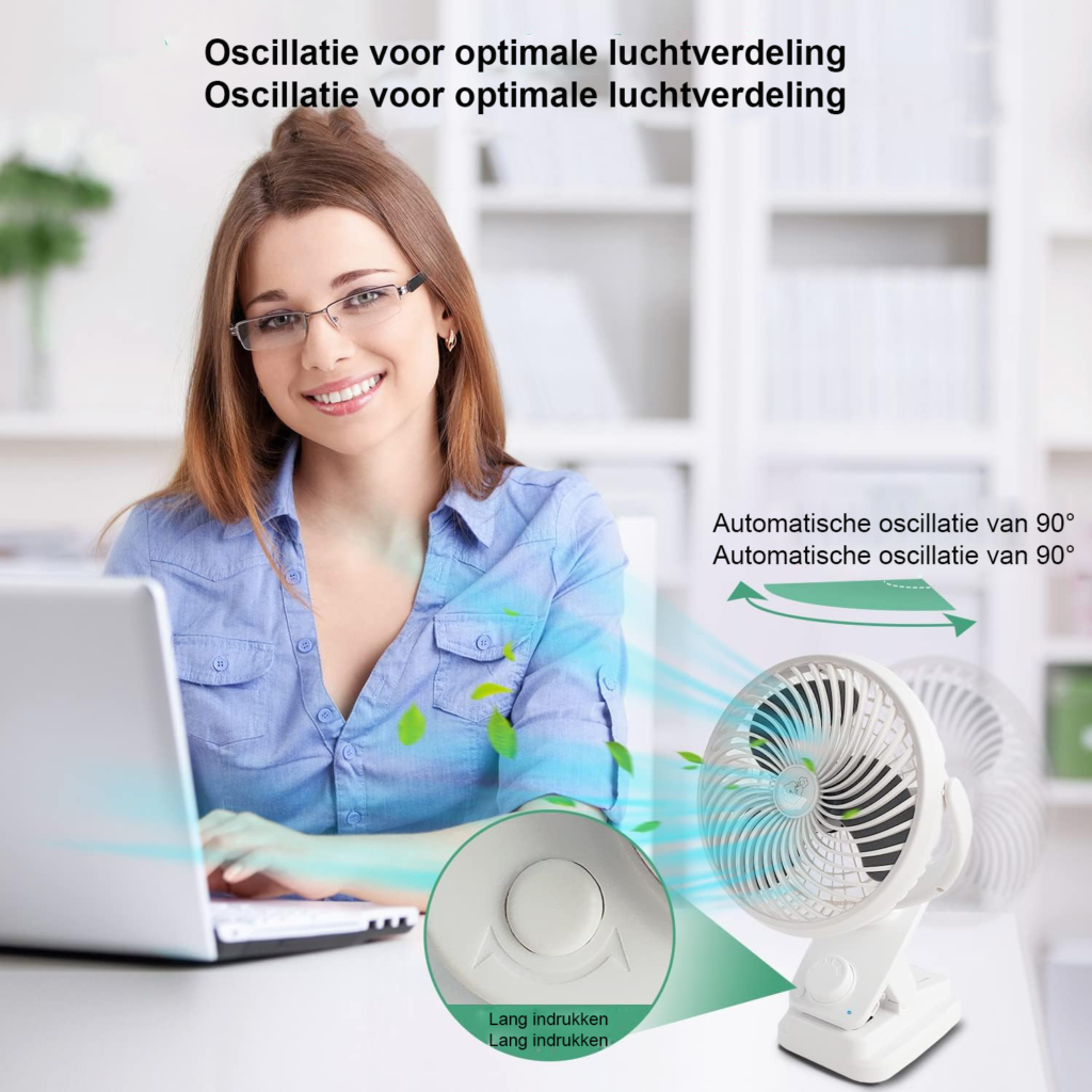Tafelventilator met clip, oscillatie, LED-licht en USB-oplaadbare 10.000 mAh accu, diameter 18 cm