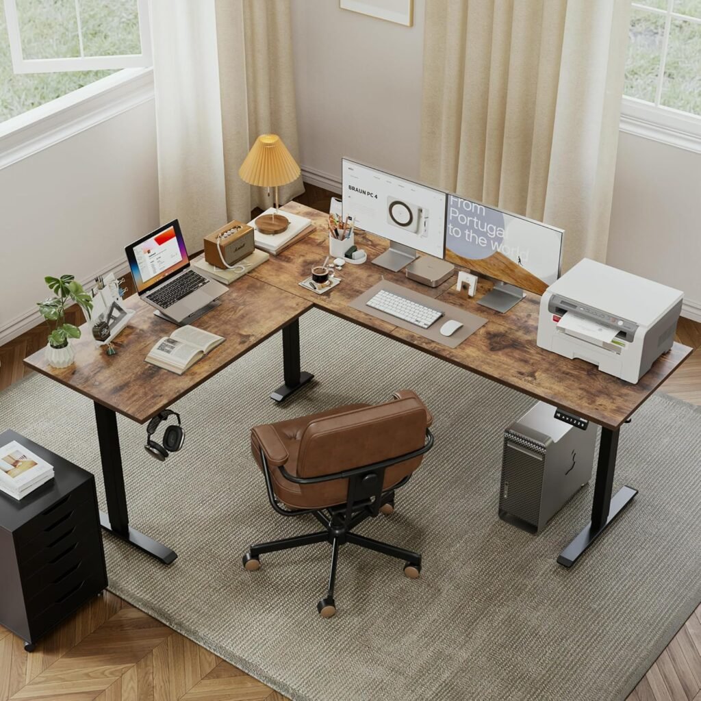 L-vormig elektrisch verstelbaar zit-sta bureau 190x155 cm in bruin, ergonomisch hoekbureau voor staand en zittend werken