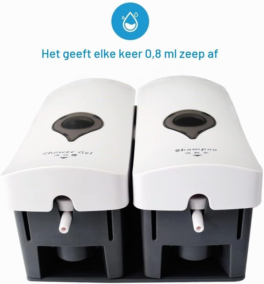 Witte wandmontage zeepdispenser met 2 reservoirs van 300 ml voor shampoo, zeep en douchegel, zonder boren