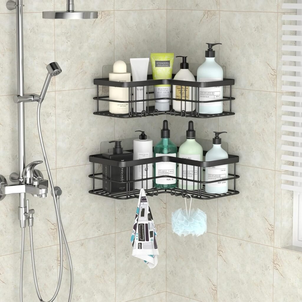 Hoek douche caddy set van 2 zwart met zelfklevende RVS doucheplanken en 8 haken