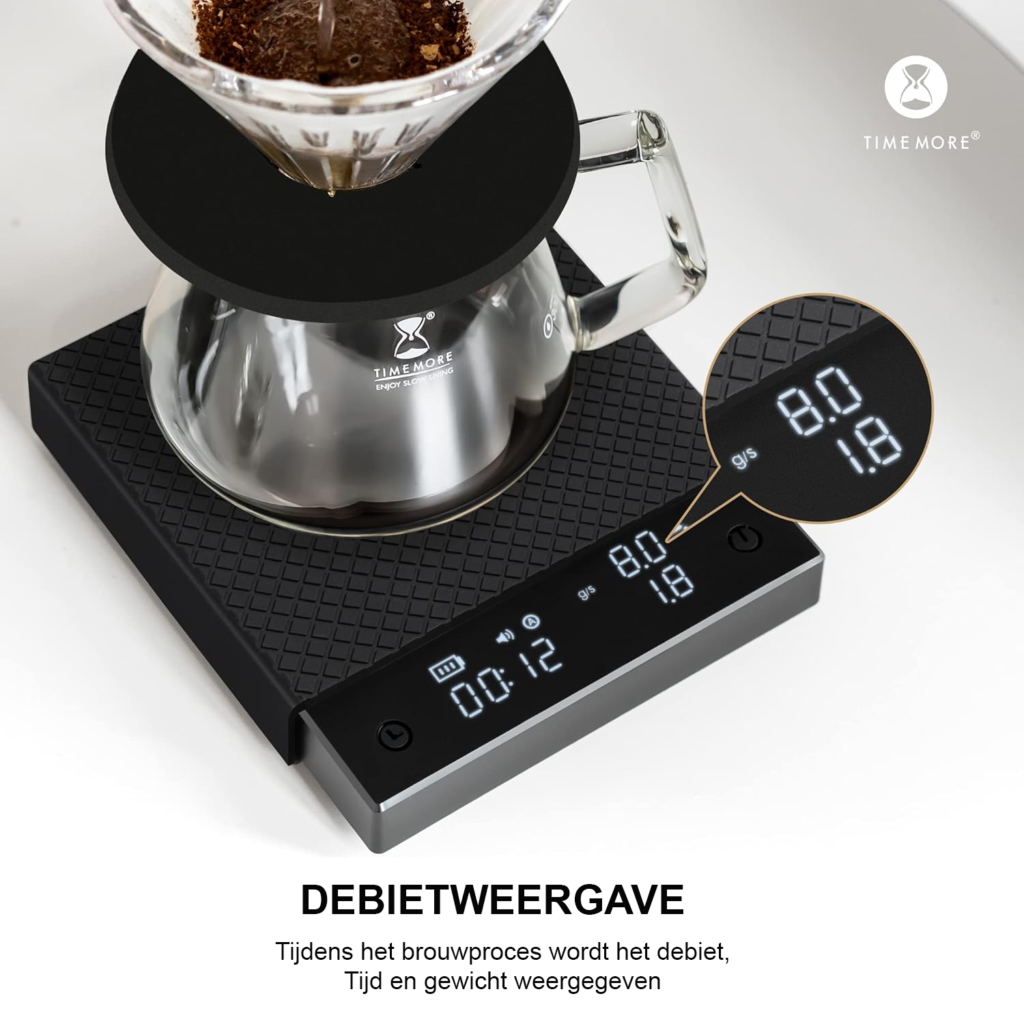 Digitale koffieweegschaal met timer, 0,1 g nauwkeurigheid, flowmeting en capaciteit tot 2000 g in zwart