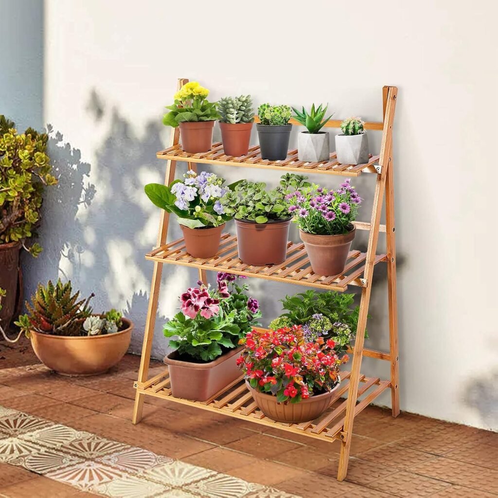 3-laags bamboe plantenrek in houtkleur, vouwbare bloemenladder voor binnen, balkon, woonkamer en tuin, 70 x 40 x 96 cm