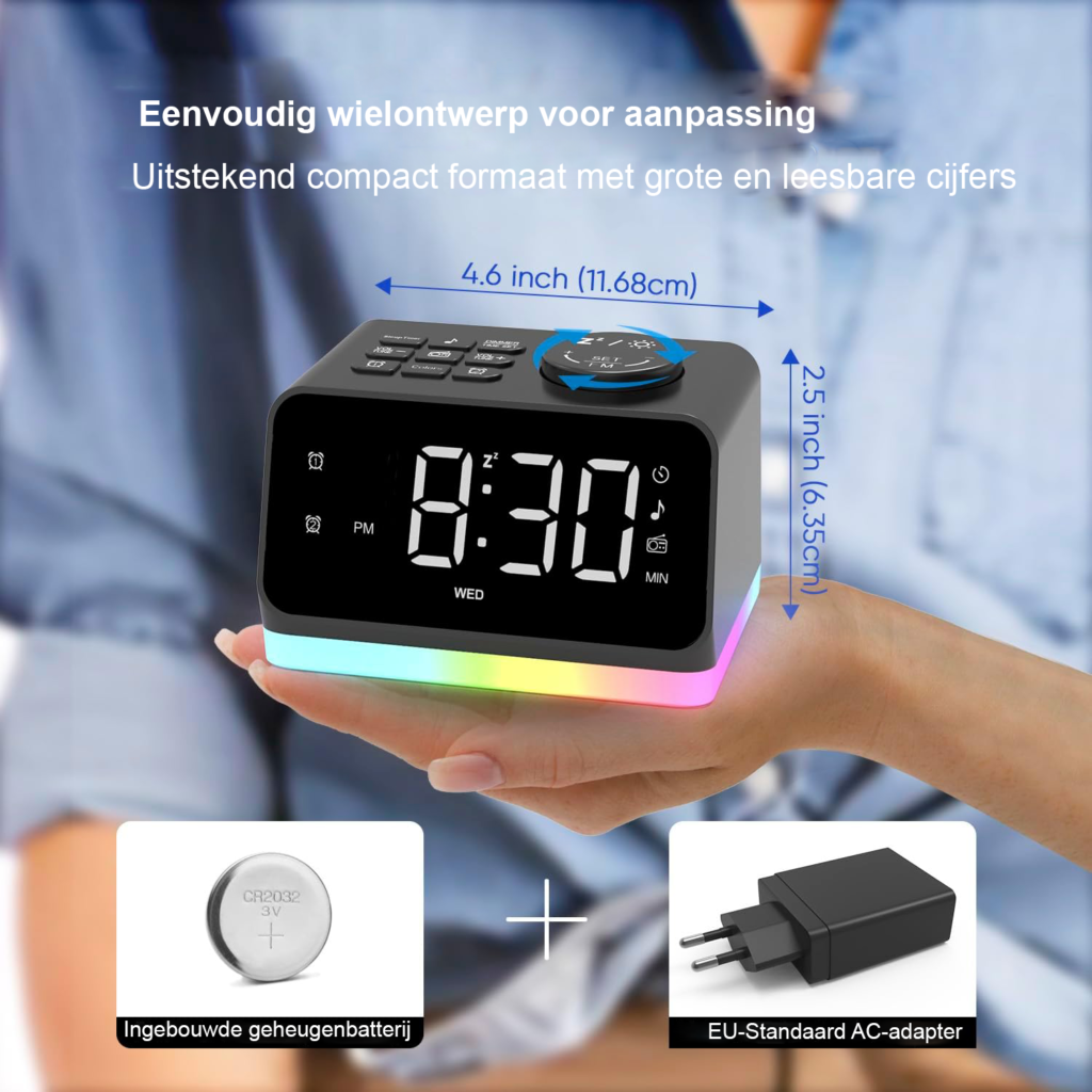 Digitale Wekker Dubbel Alarm + FM-radio LED-display met 8 kleuren 2 USB-oplaadpoorten