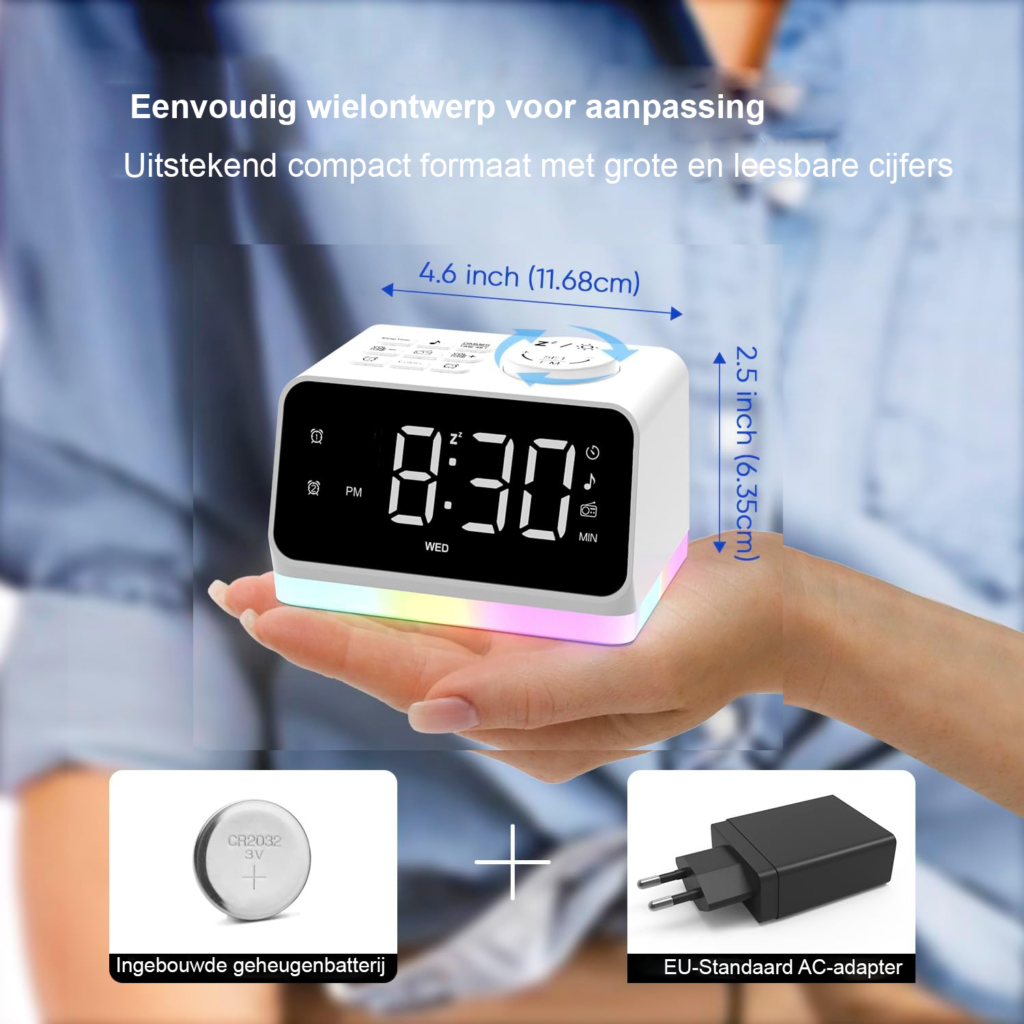 Digitale witte wekker met dubbele alarmfunctie, FM-radio, kleurrijk LED-display, 2 USB-oplaadpoorten en nachtlampje met 8 kleuren