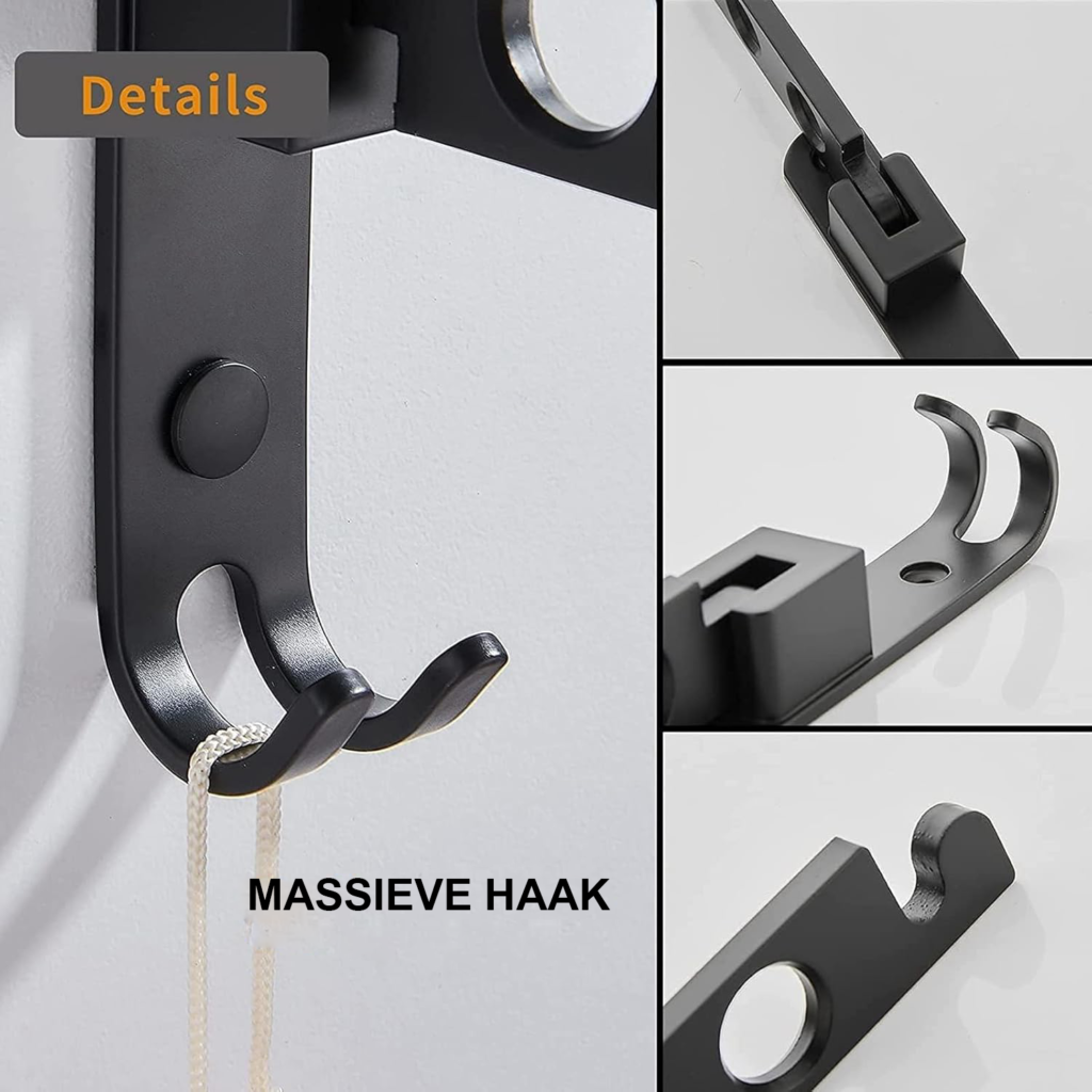 Opvouwbare zwarte wandhanger met 6 haken, 90° inklapbaar kledingdroogrek van 31 x 14,5 cm