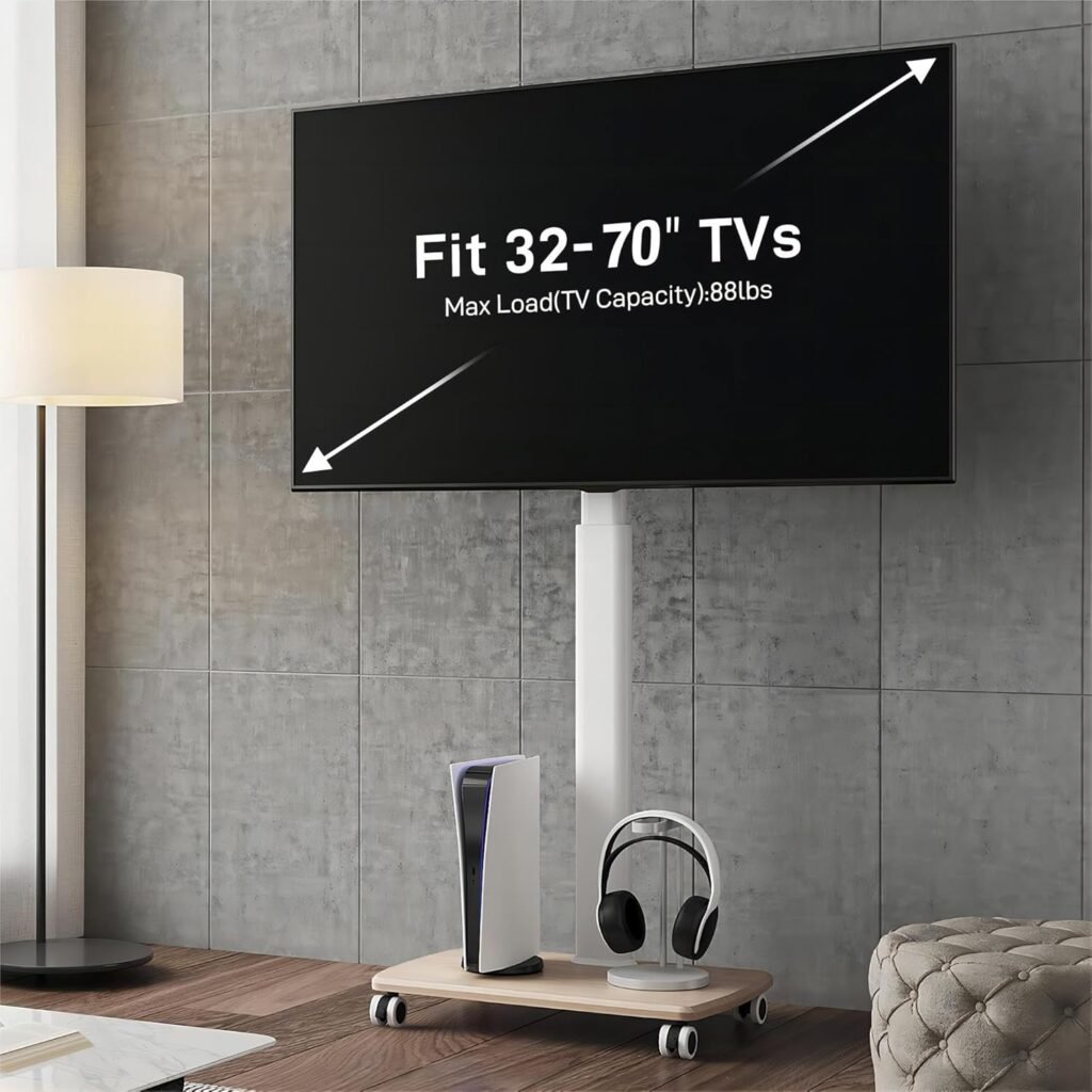 Verrijdbare witte tv standaard met houten basis voor 32-70 inch tv, draaibaar en in hoogte verstelbaar, met wielen en VESA 600x400 mm