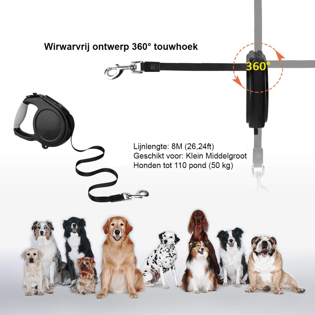 Uittrekbare hondenriem van 8 meter met ergonomische handgreep voor wandelen, hardlopen en training