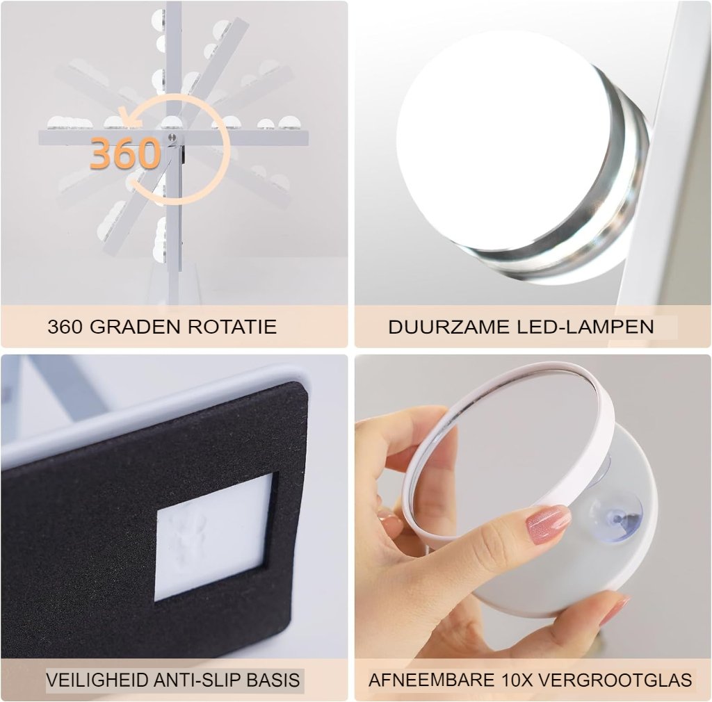 Verlichte make-upspiegel met 12 dimbare LED-lampen, 10x vergroting en touchbediening, wit 30 x 41 cm