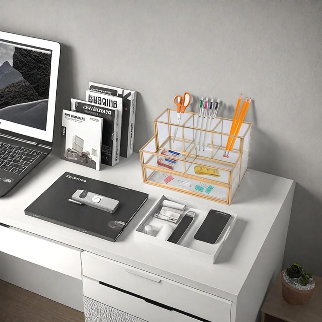 Gouden cosmetische organizer met lades van glas, make-up opberger met kwastenhouder en ruimte voor cosmetica