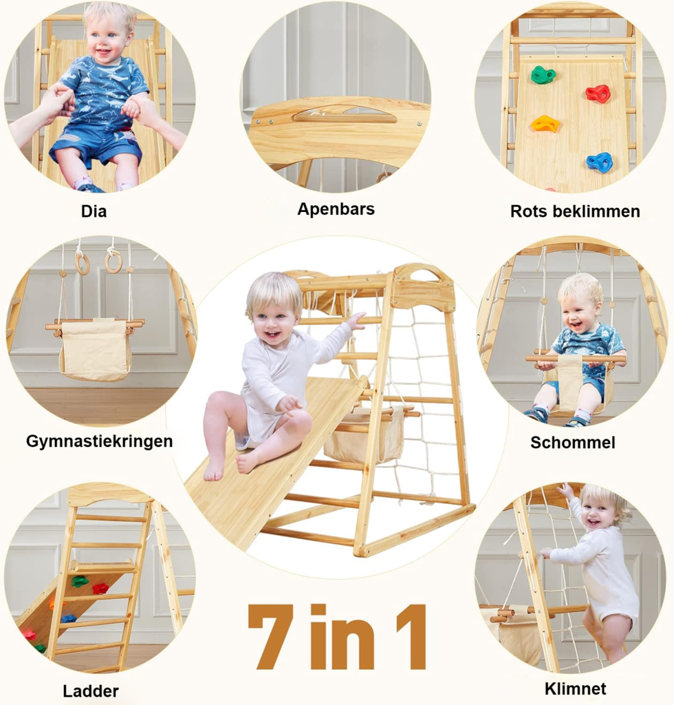 Houten Montessori schommel en glijbaan voor kinderen van 2-5 jaar