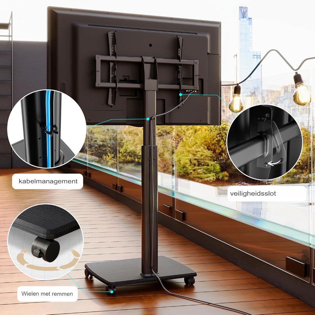 Mobiele TV standaard met houten basis, verrijdbare tv trolley met wielen voor 32-70 inch tv’s, verstelbare hoogte en draaifunctie