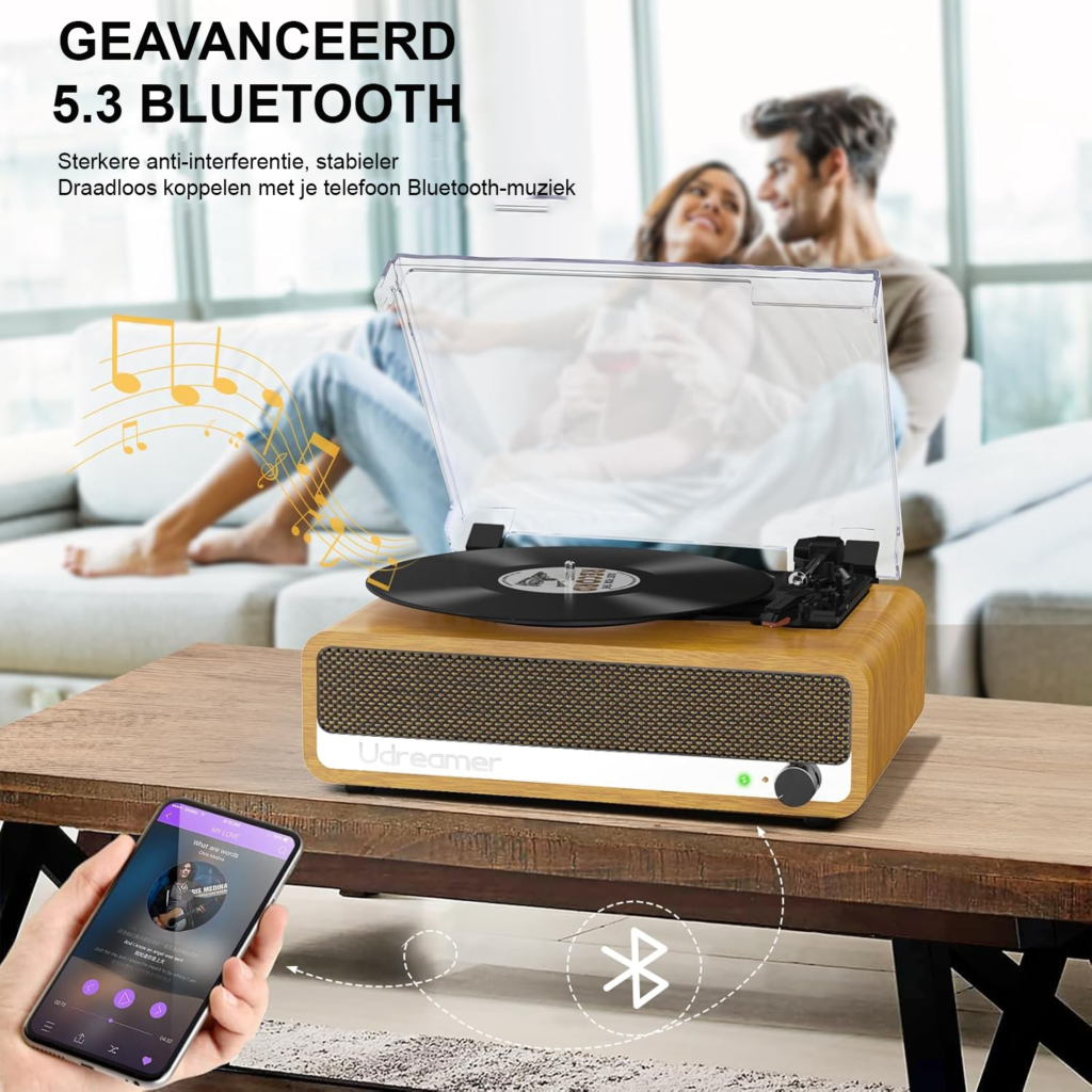 Gouden Bluetooth platenspeler met ingebouwde speakers, Bluetooth 5.3, USB, AUX en 3 snelheden